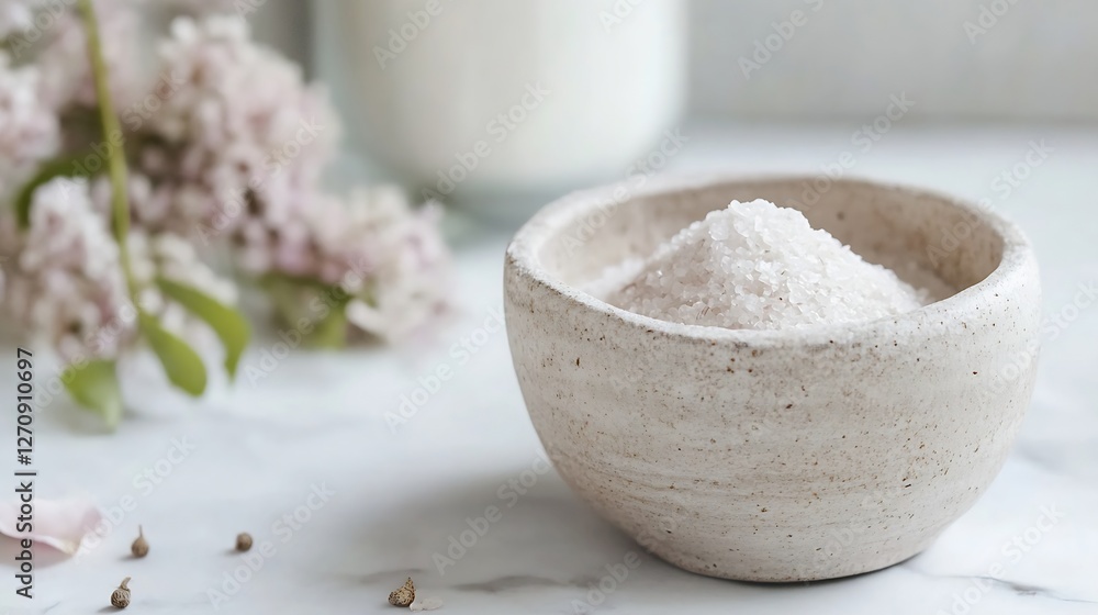 Aufkleber natural sea salt displayed in a rustic bowl beside delicate flowers creating a calming and serene at