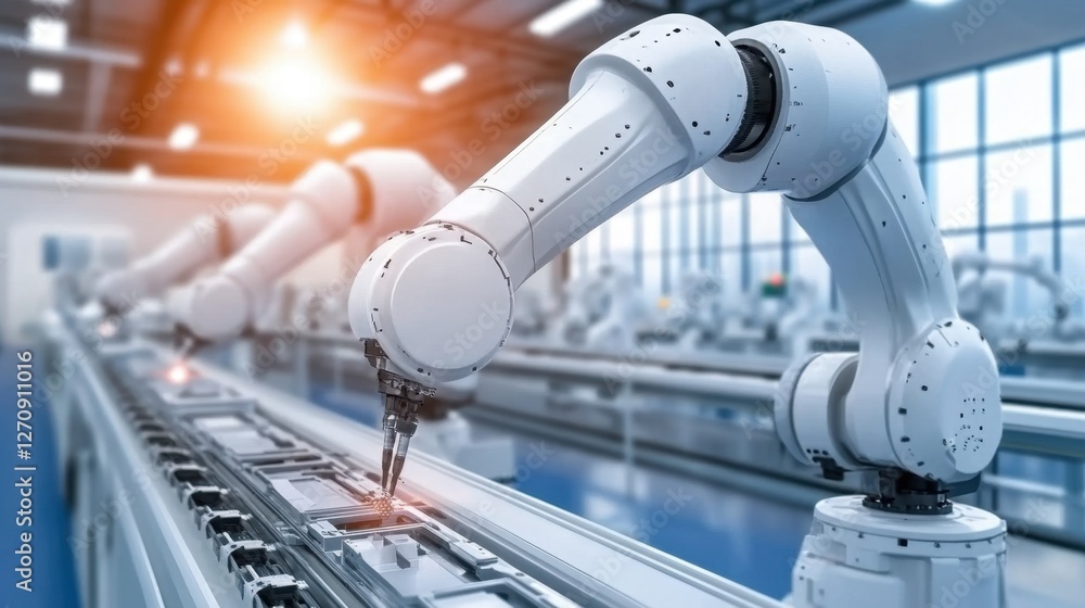 Poster a futuristic ai-powered robotic assembly station working with high precision.