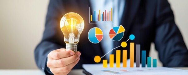 A business professional holds a glowing light bulb, symbolizing innovative ideas alongside colorful charts and graphs representing data and growth.