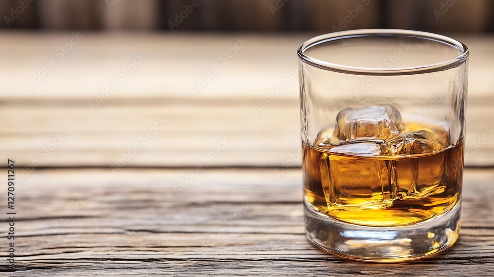 Poster a glass of whiskey with ice cubes on a rustic wooden table setting perfect for a cozy evening : gene
