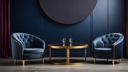 Two Luxury Chairs with Round Table banner with empty space Without Text, Navy luxury background, holiday banner poster background for advertisement ads