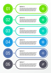 6 options business infographic template, theme of number on colorful circle frame with rounded corner rectangular bar for text frame