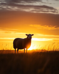 Fototapeta premium Sheep standing in a field at sunset
