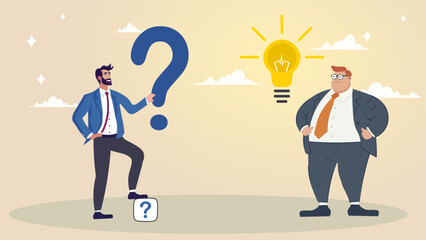 Question and answer, solving problem or business solution, ask for reply or idea to solve difficulty and trouble, FAQ concept, businessman hand holding question mark with other reply with lightbulb. 