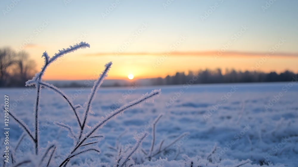 Poster beautiful winter sunrise over a snowy field with frost covered grass in foreground : generative ai