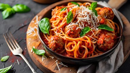 spaghetti with meatball, tomato sauce, and basil