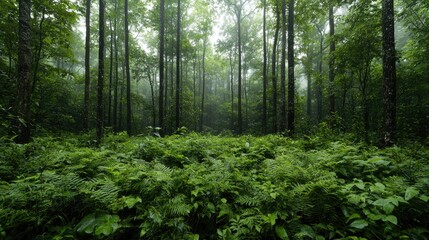 Misty Forest Floor, Lush Green Plants, Tranquil Scenery, Ideal for Nature Background
