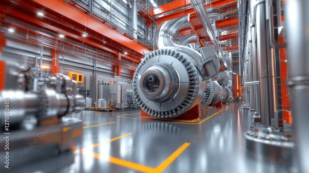 Poster a futuristic steam turbine factory with autonomous robotic systems handling heavy-duty components.