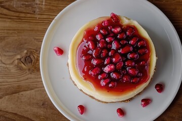 A delightful dessert featuring cheesecake with pomegranate seeds and juice as topping, served on a plate. The combination of tangy fruit and creamy dessert creates a harmonious taste.
