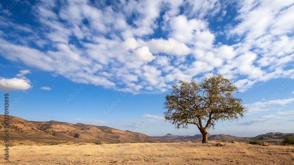 Poster solitary tree standing majestically against a blue sky with soft clouds in a desert landscape : gene