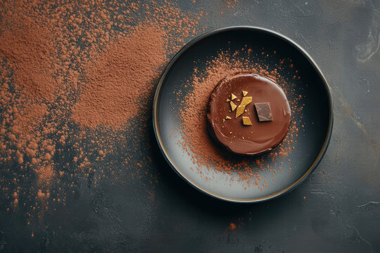An overhead view of a chocolate fondant on a sleek black ceramic plate. The glossy reflection accentuates the rich and decadent dessert, showcasing its gourmet appeal.
