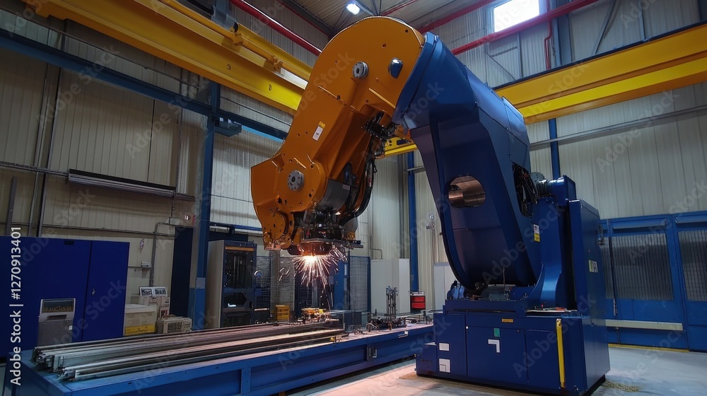 Poster a high-efficiency production facility with automated welding stations assembling turbine components.