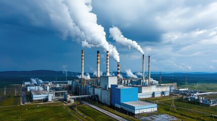 Obraz premium Acid rain climate change idea. Aerial view of a power plant emitting smoke into the atmosphere under a cloudy sky.