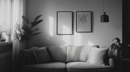 Sunny corner with patterned sofa and plant life