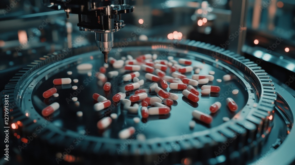 Poster a high-resolution view of an automated capsule production machine handling red and white pills.