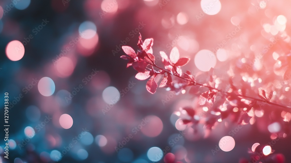 Poster soft focus of shimmering pink and blue bokeh lights creating a dreamy floral background atmosphere :