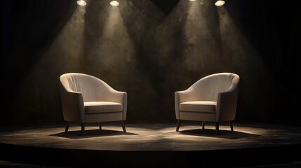 Two chairs on a stage, backlit by spotlights.