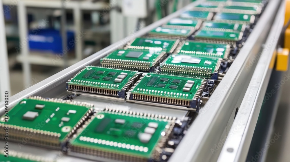 Poster a high-speed conveyor belt carrying circuit boards through a precision etching process.