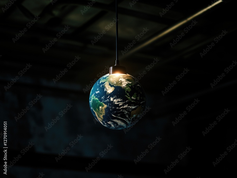 Poster planet earth as a globe illuminated by light bulb on a string in a dark room. the image symbolizes t