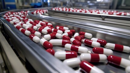 Obraz premium A high-speed production line transporting red and white capsule pills through a sterile environment.