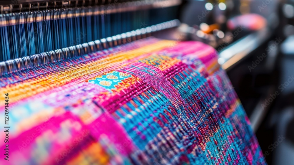 Poster a high-speed textile weaving machine processing vibrant threads into patterned fabric.