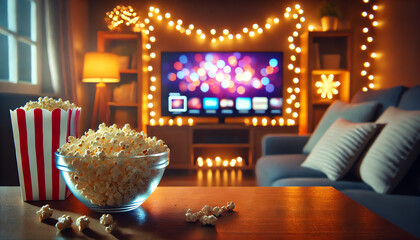 A cozy home movie night scene featuring a glass bowl of popcorn