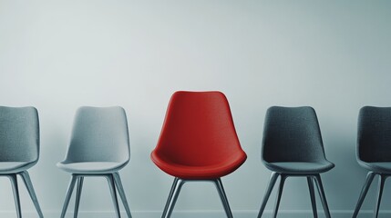 Obraz premium Bold Red Chair Unique Style, Surrounded by Grey Chairs Minimalist Design, Contrast Concept Art Interior Decor