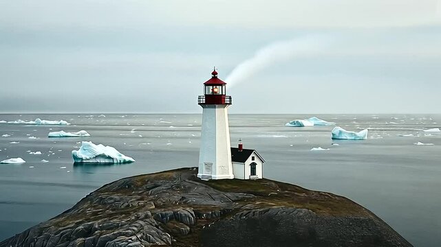 Lighthouse overlooking icebergs in Newfoundland Canada