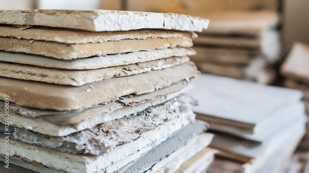 Poster A neatly stacked arrangement of construction materials showcasing different layers on a workbench : Generative AI