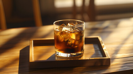 Refreshing beverage: Ice-filled drink on wood tray, illuminated by warm light. Perfect for relaxation.