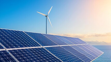 Sustainable Energy Solutions: Solar Panels and Wind Turbines Under Clear Blue Sky