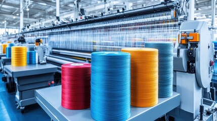 A high-tech textile manufacturing facility with automated weaving machines and colorful yarn.