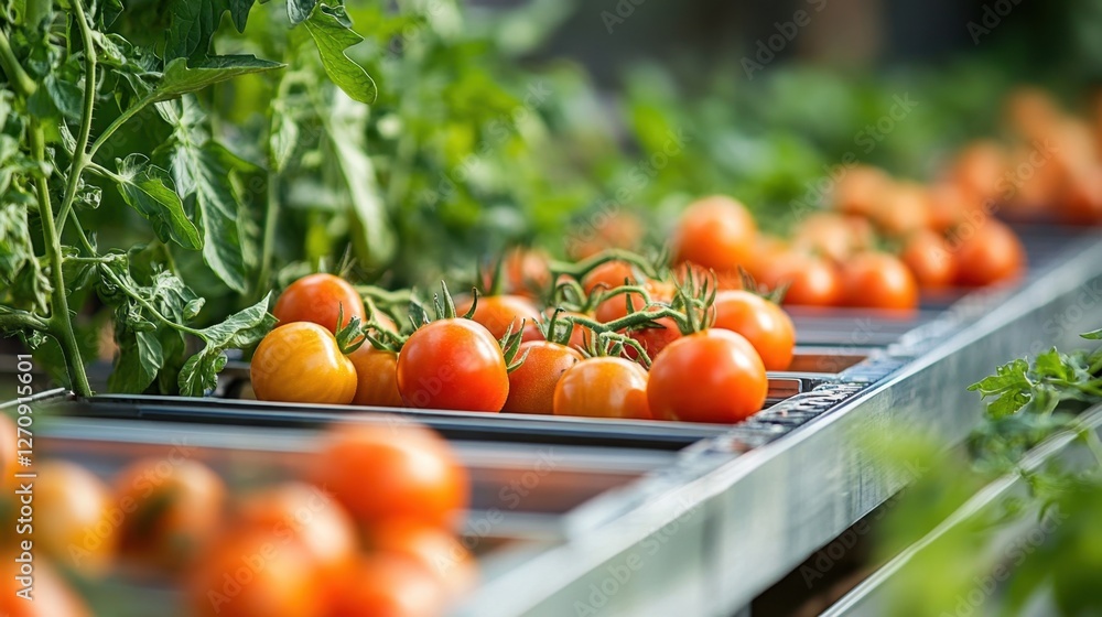 Aufkleber a high-tech tomato processing line with ripe red tomatoes being sorted for quality control.