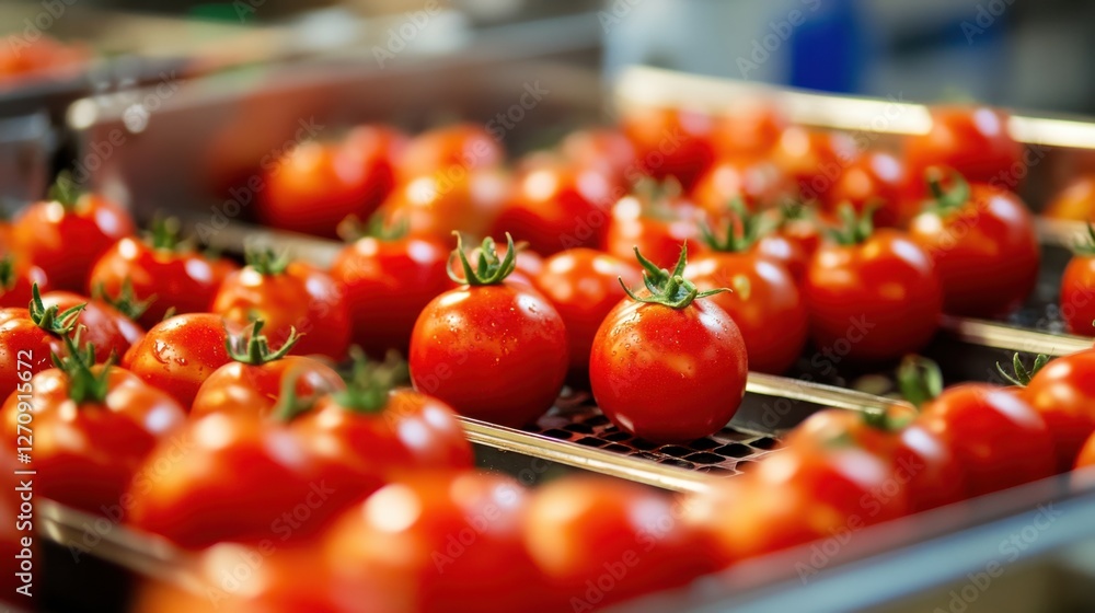 Aufkleber a high-tech tomato processing line with ripe red tomatoes being sorted for quality control.