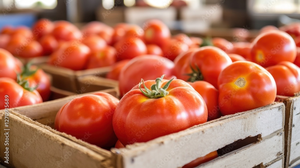 Aufkleber a high-tech tomato processing line with ripe red tomatoes being sorted for quality control.