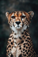 Fototapeta premium A cheetah stares intently, capturing a moment of connection between human and wild. This majestic feline showcases its elegant features.