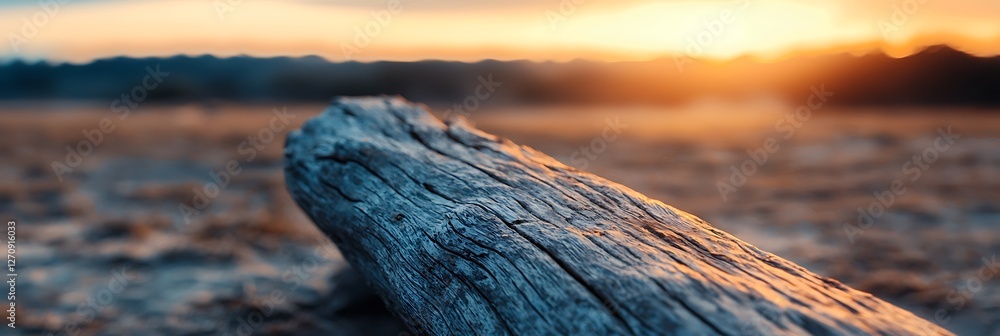 Poster a close-up of a weathered log resting on dry ground, illuminated by a warm sunset, creating a serene