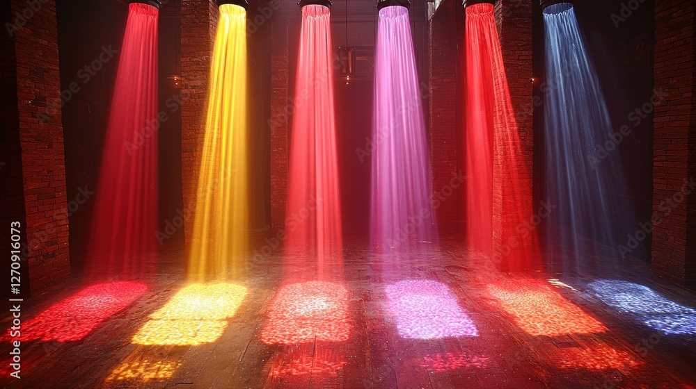 Poster chromatic rays illuminating a textured floor with brick columns background