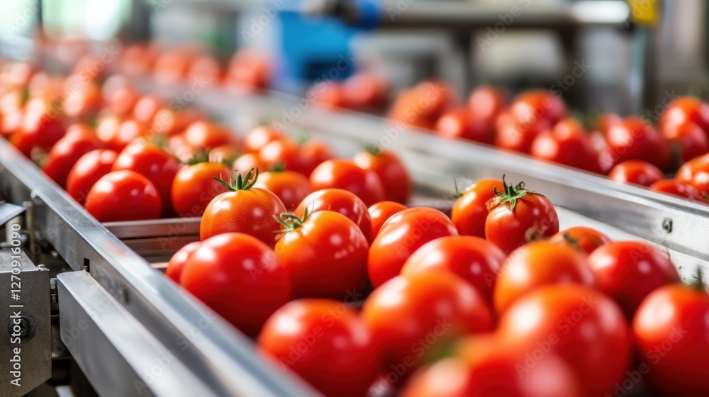 Aufkleber a large-scale food factory with tomatoes rolling through an industrial sorting and inspection unit.