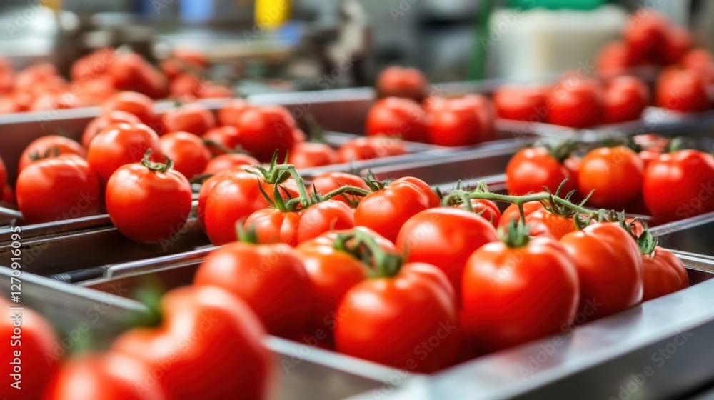 Aufkleber a large-scale food factory with tomatoes rolling through an industrial sorting and inspection unit.