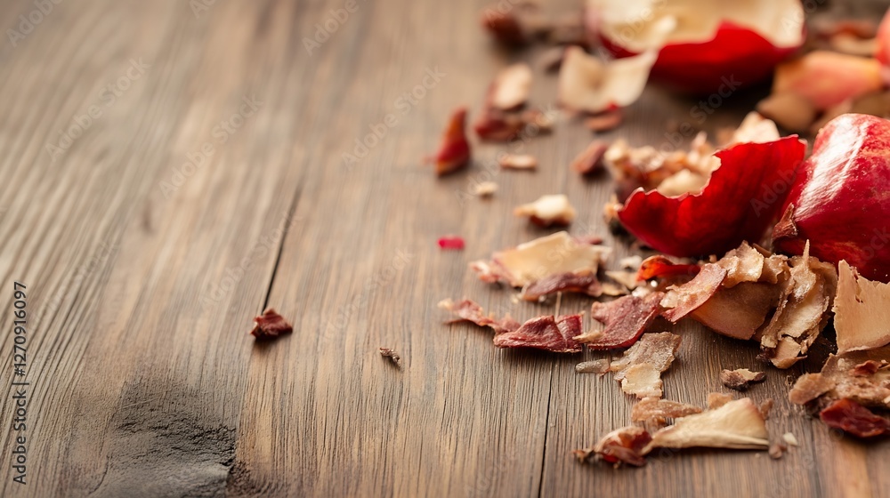 Aufkleber closeup of freshly sliced apple peels and chunks on rustic wooden surface with textured details : ge