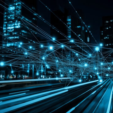 Urban nightscape with glowing network connections overlaying city streets and buildings