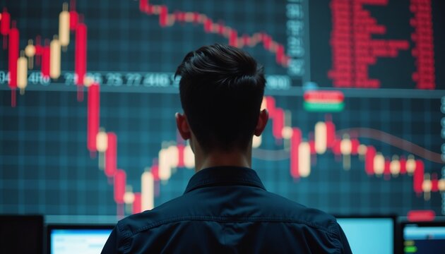 Overwhelmed stock exchange employee stares at multiple red-trending graphs, experiencing financial collapse stress in a chaotic environment.