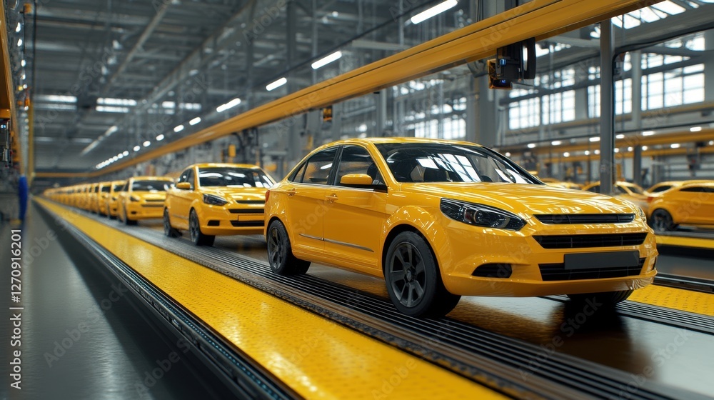 Poster a large automotive factory with rows of vehicles on a moving conveyor belt in different build stages