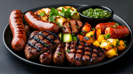 Hearty Argentine Barbecue Platter With Grilled Meats And Vegetables