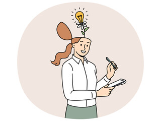 Business woman with flower growing from head and light bulb, metaphor for having creative ideas to increase productivity. Lady writes down new ideas in notebook so as not to forget and choose best one