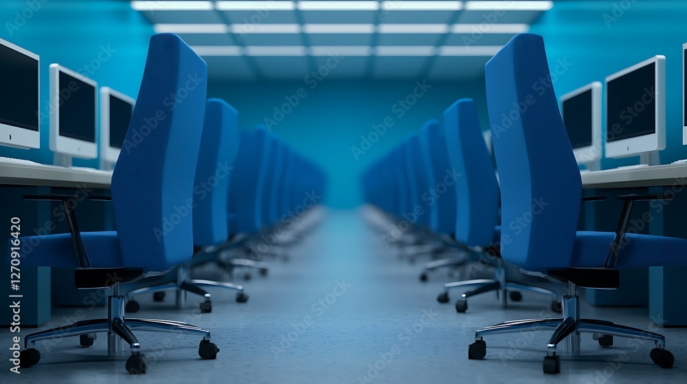 Aufkleber a modern computer lab featuring rows of blue chairs and desktop monitors, creating a sleek and organ