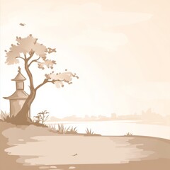 Ancient city in Chinese art style, with small bridges and flowing water in autumn, mountains