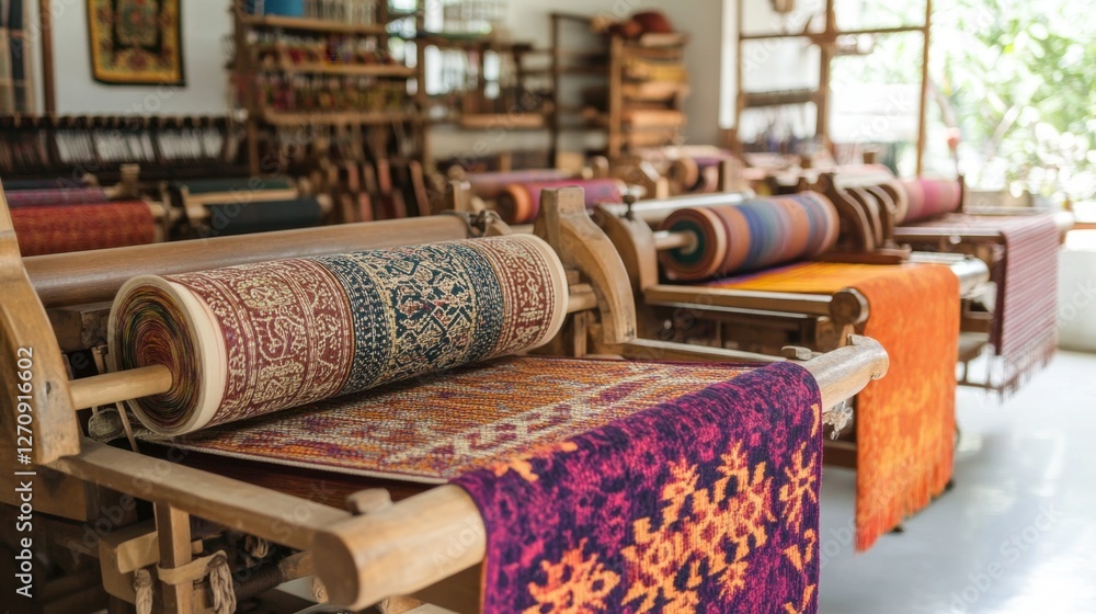 Aufkleber a large textile factory with rows of advanced weaving machines producing vibrant fabrics.