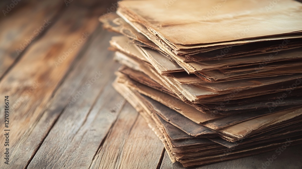 Aufkleber stacked vintage aged paper documents resting on a rustic wooden table in soft warm light : generativ